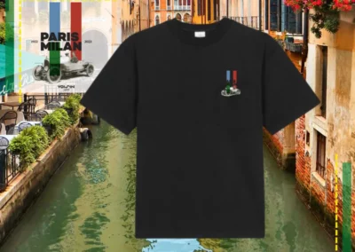 T-shirt noir marqué en impression DTF pour l'évènement Paris-Milan