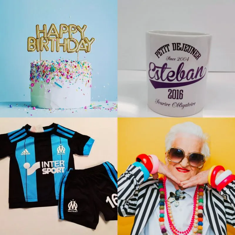 Une image séparée en quatre comprenant deux images d'un gateaux d'anniversaire et d'une mamie ainsi que deux images illustrant un tee-shirt et un mug personnalisés