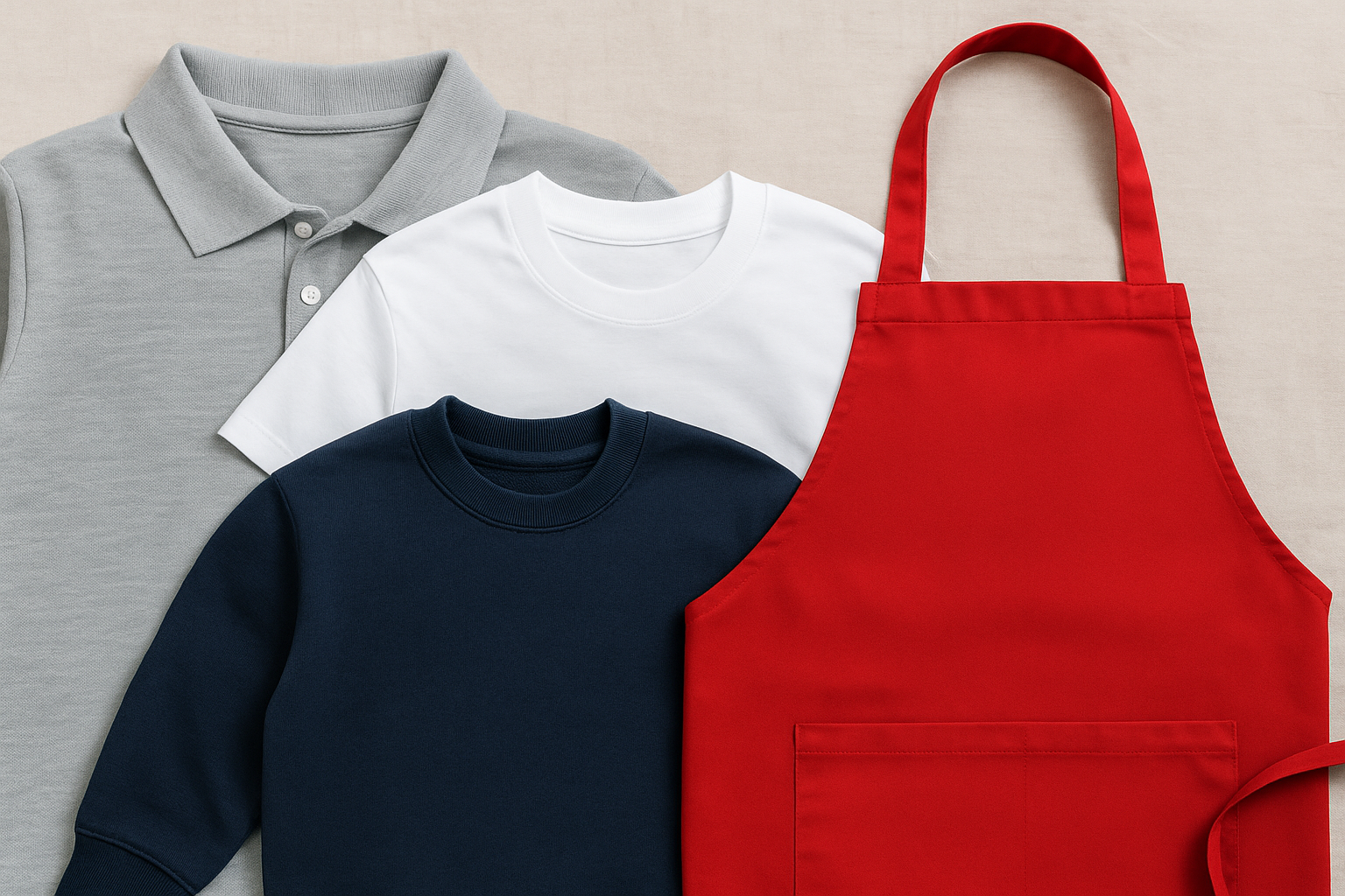atelier-brod-art-creations-soissons-aisne-marquage-textile-tablier-rouge-pull-tee-shirt-polo-vetements-personnalises-images-articles-blog-grammage-textile Polo gris, t-shirt blanc, sweat bleu marine et tablier rouge sur fond beige – vêtements à personnaliser en broderie et impression textile par Atelier Brod'Art Créations