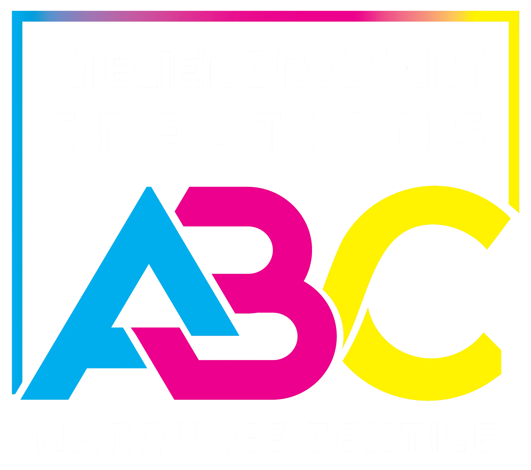 atelier-brodart-creations-marquage-textile-chaudun-soissons-aisne-identite-visuelle-logo-cmjn-fond-transparent Logo coloré d’Atelier Brod’Art Créations représentant les lettres ABC en bleu, rose et jaune, avec l’inscription “Marquage Textile”.