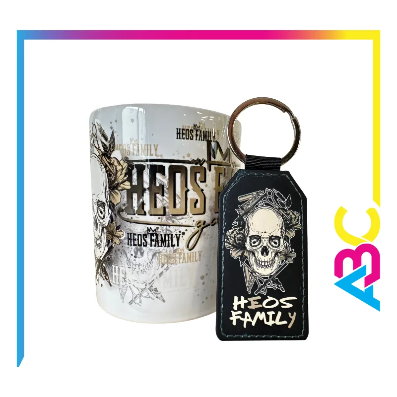 Mug et porte-clé personnalisés par sublimation, réalisés par Atelier Brod’Art Créations à Soissons – visuels Heos Family.