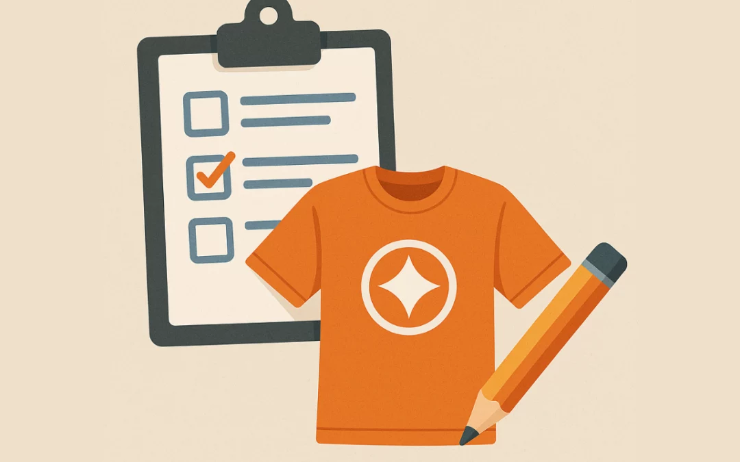 Illustration d’un t-shirt personnalisé avec checklist et crayon, symbolisant une demande de devis ou commande sur mesure